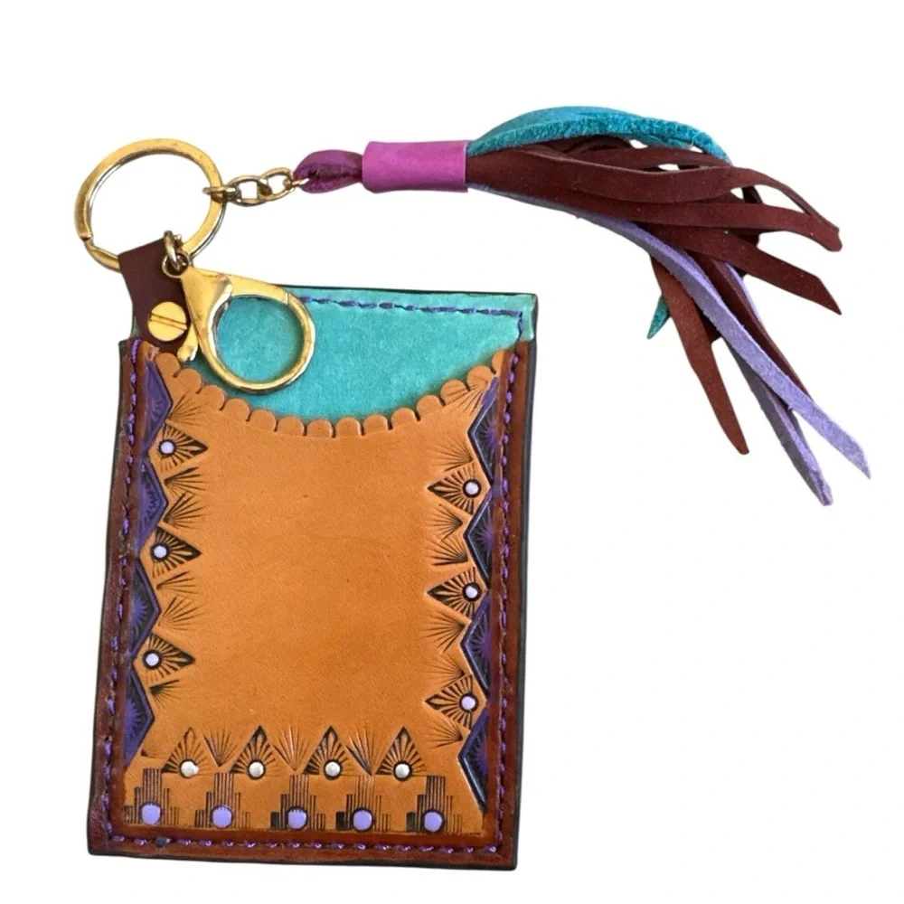 Artisan Handmade Western Southwest Leather Card Holder Cowgirl Keychain Wallet